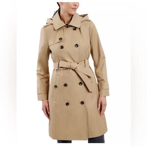 London Fog Tan Knee Length Double Breasted Trench Coat Tailored Hood  Sz XL